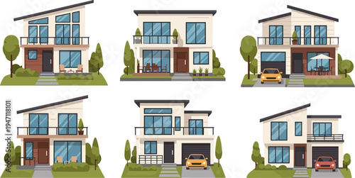 Modern Suburban House Collection with Contemporary Residential Homes, Large Windows, Balconies, Gardens, and Cars for Real Estate and Architecture Vector Illustration