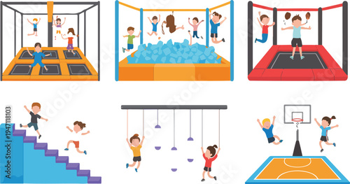 Colorful indoor trampoline park illustration with people enjoying various activities, jumping, playing, and having fun in vibrant recreational environment