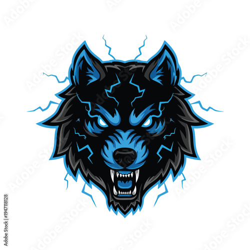 A fierce Esport wolf vector logo with blue lightning cracks on a white background, conveying a strong gaming identity