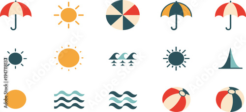 Summer Beach Icon Set with Sun, Umbrella, Waves, Tent, and Beach Ball Symbols for Travel, Vacation, Weather, and Holiday Design