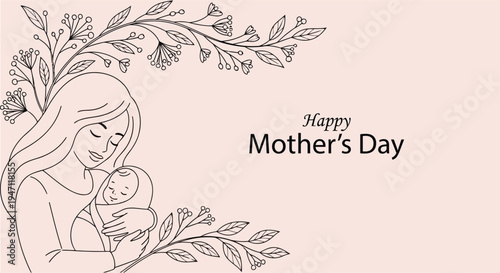 Mother's day illustration of a mother and baby with flowers line art