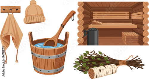 Traditional Finnish Sauna Accessories Set with Wooden Bucket, Ladle, Birch Bath Broom, Towel, Hat, and Rustic Sauna Interior Vector Illustration