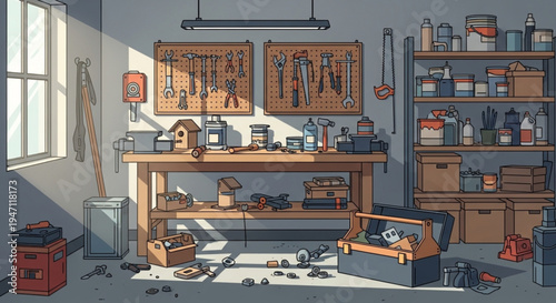 Cluttered workshop interior with tools and equipment on shelves and workbench under bright sunlight