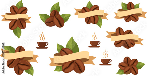 Coffee Bean Badge and Ribbon Label Set with Roasted Beans, Green Leaves, and Hot Coffee Cups for Cafe Branding and Packaging Design