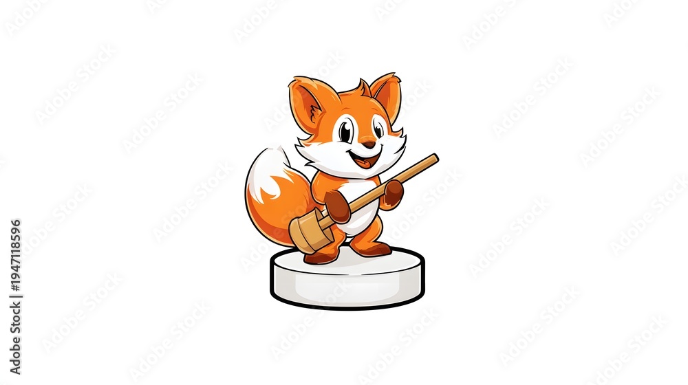 Obraz premium Cute Cartoon Fox Mascot Holding Drumsticks on White Pedestal.