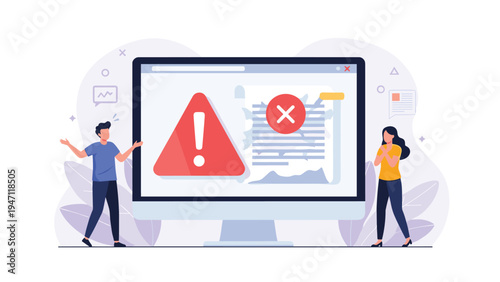 Worried professionals facing computer screen showing error warning and document rejection symbolizing business failure.