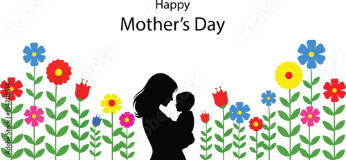 Illustration of happy mothers day greeting card with flowers and mother holding baby