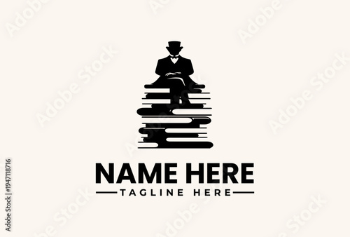 A logo featuring a silhouette of a man sitting on stacked books with a top hat, accompanied by a customizable name and tagline on a plain beige background, with a vector illustration style.