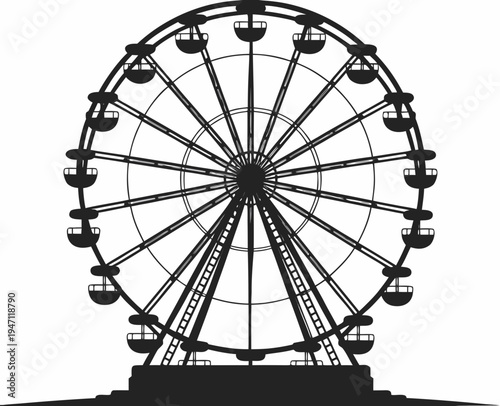 Ferris Wheel Silhouette Vector, Amusement Park Ferris Wheel Ride Silhouette