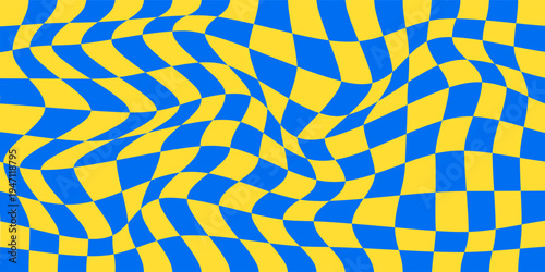 Geometric seamless checkerboard background pattern, blue and yellow cell design.