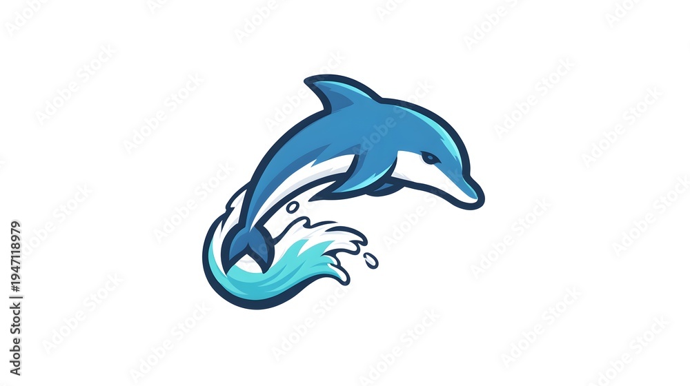 Fototapeta premium Playful Blue Dolphin Leaping Through Ocean Waves Illustration.