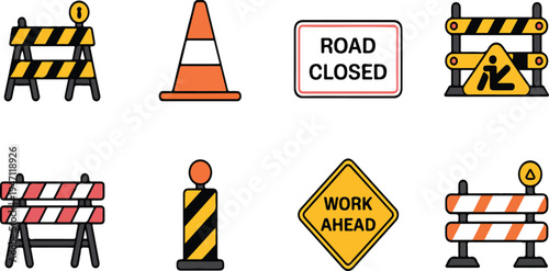 Construction zone icon set depicting road closures, barriers, warning signals, and safety equipment for traffic management and worksite alerts