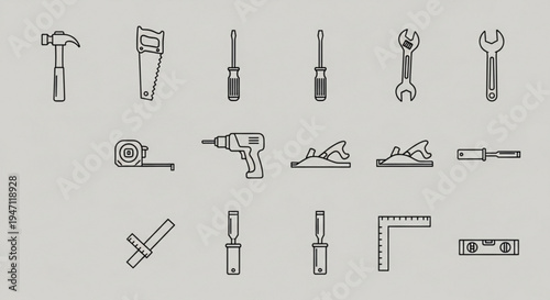 Collection of various hand tools and equipment for diy projects and construction work on gray background