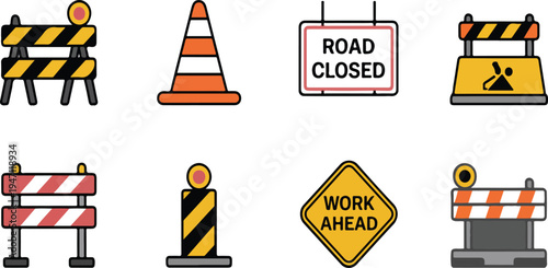 Construction zone icon set depicting road closures, barriers, warning signals, and safety equipment for traffic management and worksite alerts