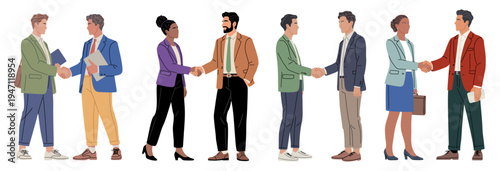 Business people shake hands in professional settings. Diverse individuals wear business attire. They show confidence and mutual agreement. Ideal for workplace, networking, or partnership visuals