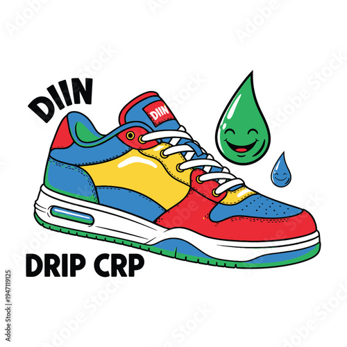 Colorful sneaker with drip effect and smiling water droplet