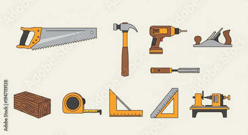 Various carpentry tools and equipment for woodworking projects on a workshop table