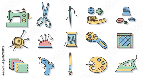 Colorful sewing and crafting tools icons set including sewing machine scissors threads and fabric