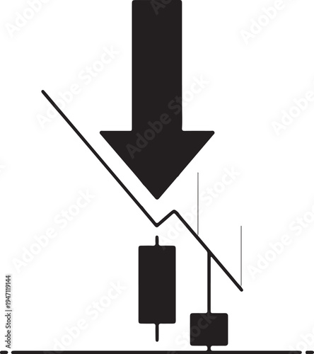 "Bearish candlestick chart vector illustration with downward arrow symbolizing market decline and financial loss"