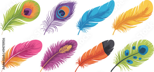 Vibrant collection of colorful peacock feathers arranged on white background showcasing exotic patterns, elegance, and decorative vector illustration
