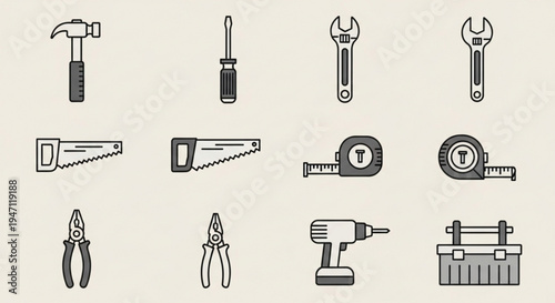 Collection of various hand tools and equipment for diy projects and construction work on a beige background