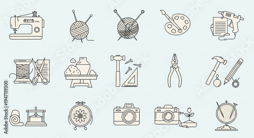 Collection of 20 creative hobby icons including sewing painting photography and diy tools on light blue background