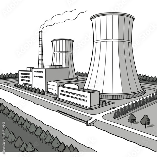 A nuclear power plant with cooling towers