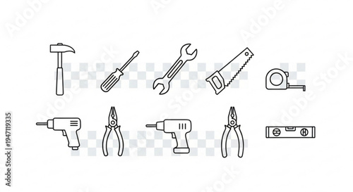 Collection of essential hand tools and power tools for diy projects and construction work on a transparent background