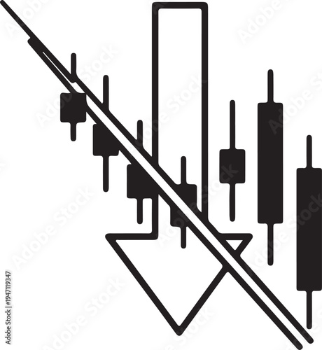 "Downward candlestick chart vector illustration with arrow symbolizing bearish market trend and financial decline"