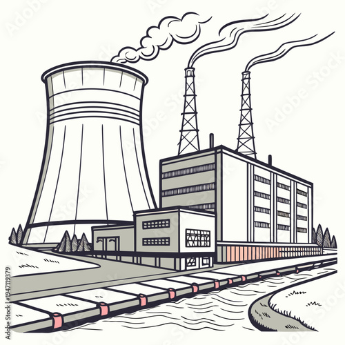 A nuclear power plant with cooling towers and buildings