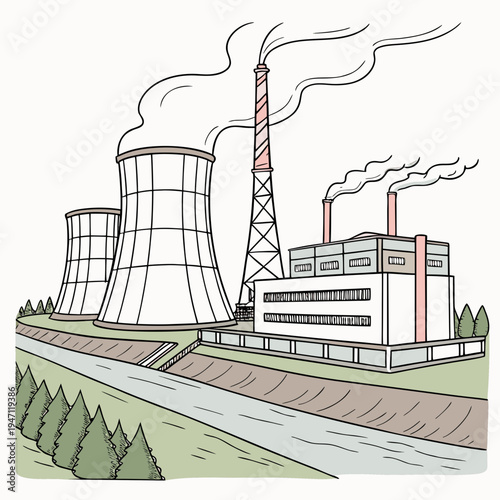 A nuclear power plant with smoke stacks