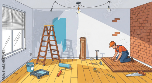 Man installing wooden flooring in a room with brick wall and renovation tools scattered around