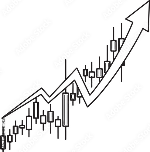 "Financial candlestick chart vector illustration with bold upward arrow symbolizing bullish market growth and investment success"