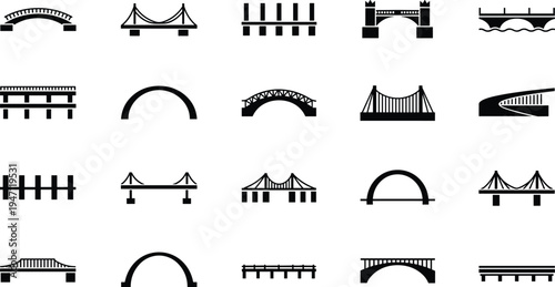 Bridge icon set, architectural city infrastructure silhouettes, suspension and arch bridge collection, flat vector illustration for transport engineering web design, construction symbol
