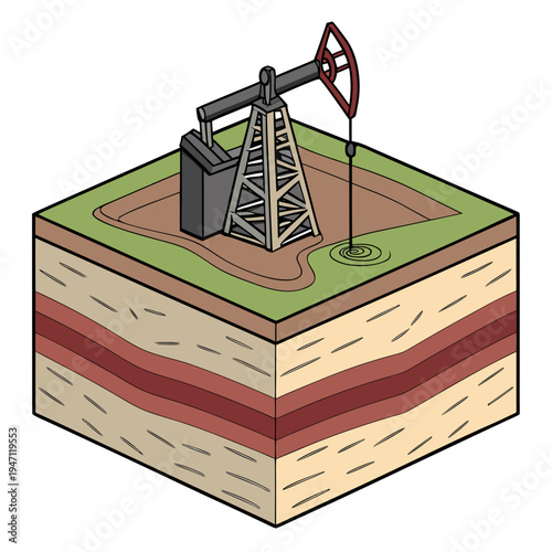 Oil pump on a grassy surface with layered earth