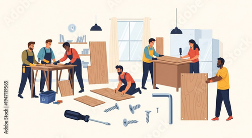 Team of workers assembling furniture in a modern office space with tools and materials scattered around them