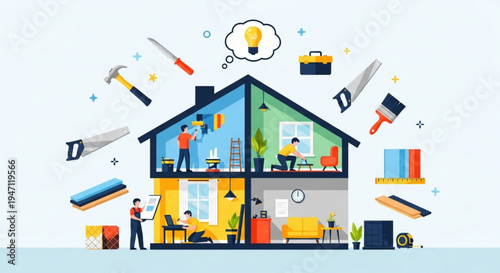 Home renovation concept with people working inside and outside surrounded by tools and building materials