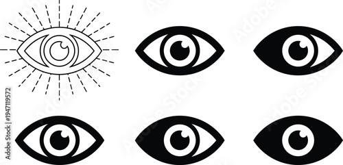 Eye icon set with pupil, iris, and vision symbols, black flat vector illustration silhouettes for optical, security, and health design, isolated on white