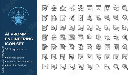 AI prompt engineering line icon set with artificial intelligence automation coding workflow analytics technology symbols
