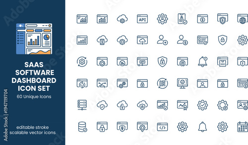 SaaS software dashboard analytics line icon set with cloud API data management interface symbols