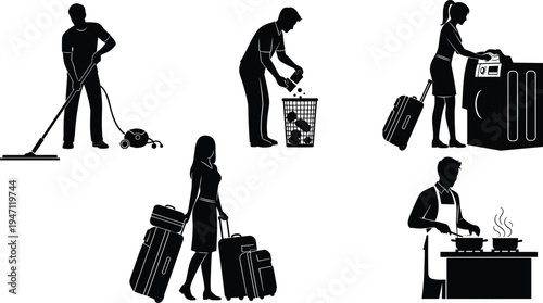 Airport passenger activities silhouettes set, travelers with luggage, security check, cleaning staff, baggage handling, travel airport service icons