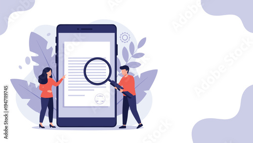 Professionals inspecting digital document on large smartphone using magnifying glass symbolizing contract review.