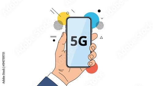 Close up of hand holding smartphone with 5G connection on screen depicting high speed mobile network technology.
