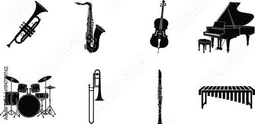 Musical Instrument Silhouette Collection Featuring Piano, Drums, Saxophone, Trumpet, Cello, and More, Professional Orchestra and Jazz Band Vector Illustration Set for Creative Design