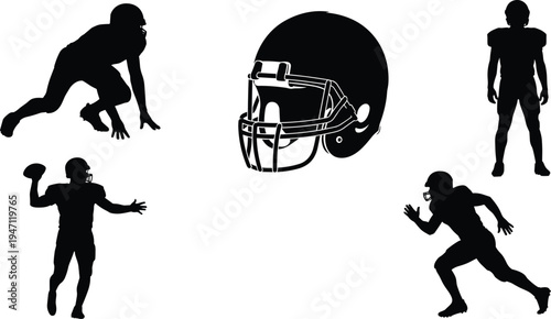 American football player silhouettes set, quarterback runner blocker poses, football helmet icon, sports team action vector illustration