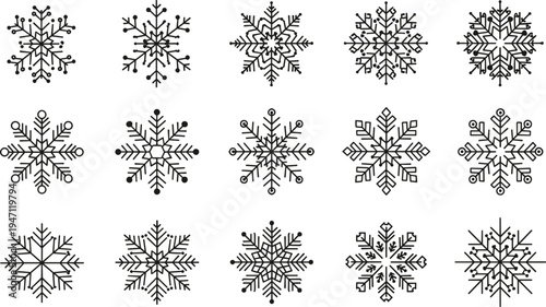 Set of snowflake icons, delicate winter ice crystal silhouettes, geometric frozen snow flakes flat vector illustration, Christmas holiday design elements, decorative seasonal graphics