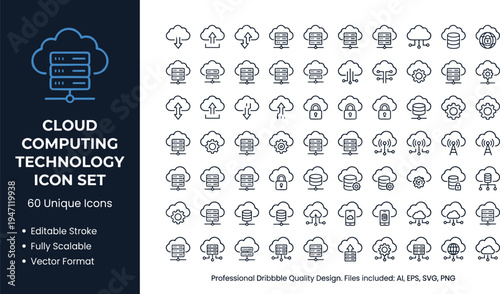 Cloud computing technology line icon set with servers networking storage security virtualization infrastructure symbols