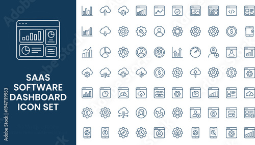 SaaS software dashboard analytics line icon set with charts reports cloud data management interface