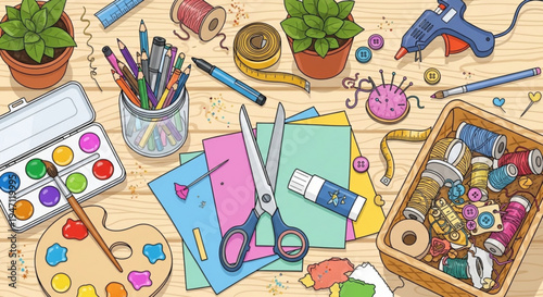 Colorful craft supplies and art materials scattered on a wooden desk for creative hobbies and diy projects