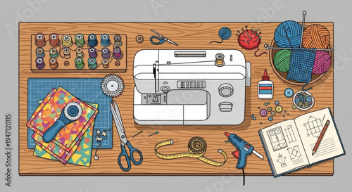 Sewing workspace with machine colorful fabrics threads scissors and tools on a wooden table for crafting and diy projects